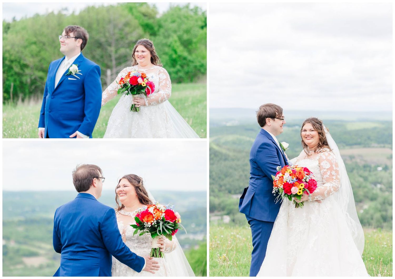 A newlywed couple celebrates their wedding day on a scenic hilltop with vibrant spring flowers and rolling hills in view.