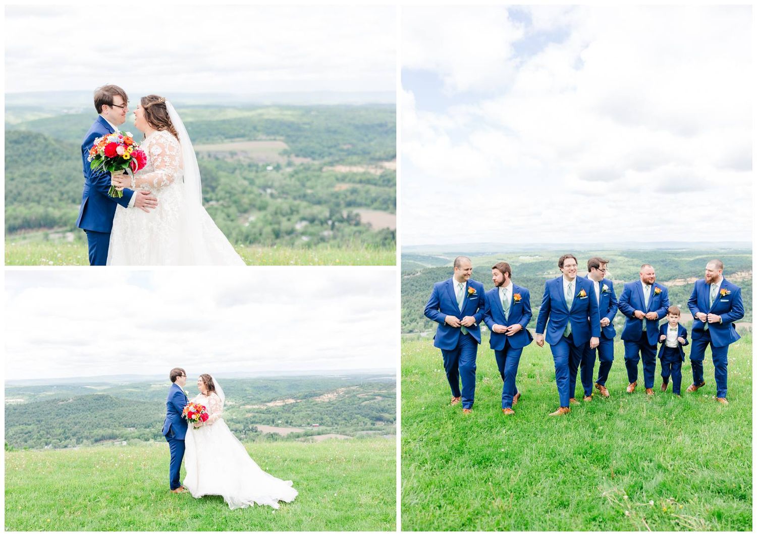 Beautiful outdoor wedding photos taken on a hilltop with panoramic mountain views featuring navy blue and white attire.