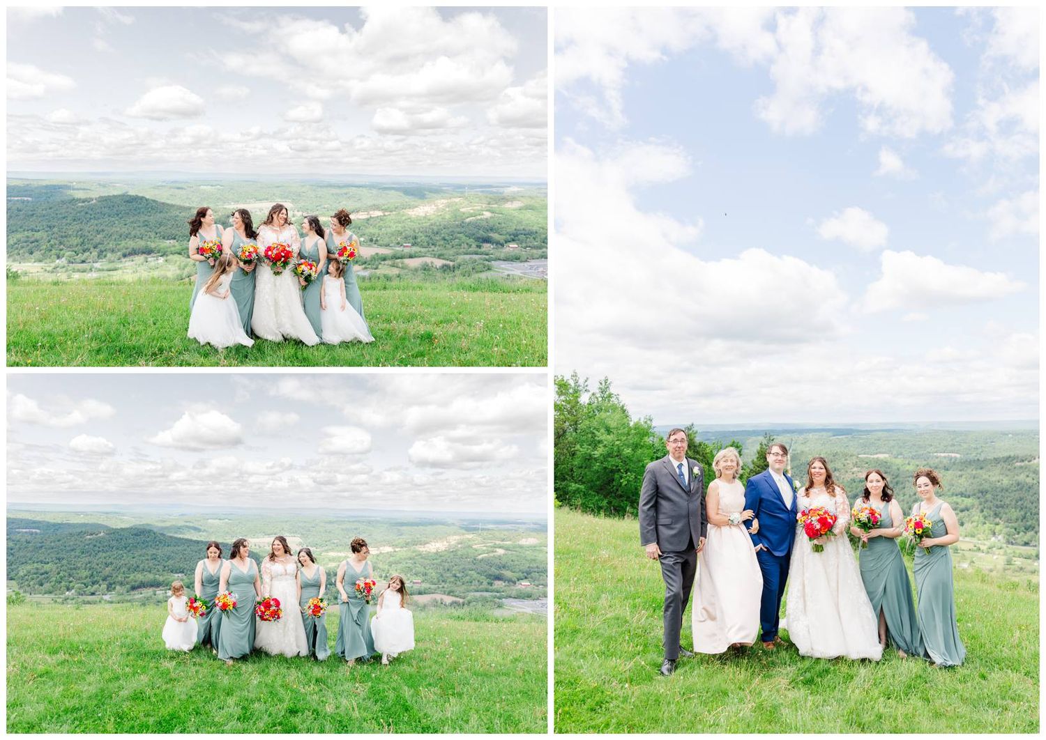 Group wearing blue and white dresses stands on hilltop overlooking scenic green valley landscape on sunny day.