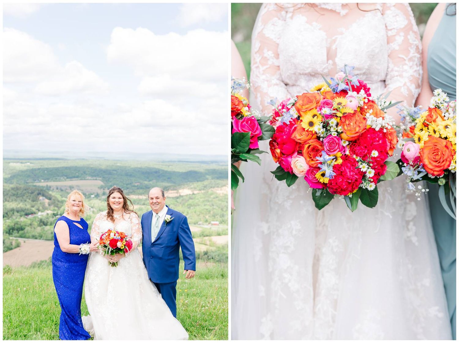 Vibrant pink and orange floral bouquets pop against blue and white attire at an outdoor wedding with rolling hills backdrop.