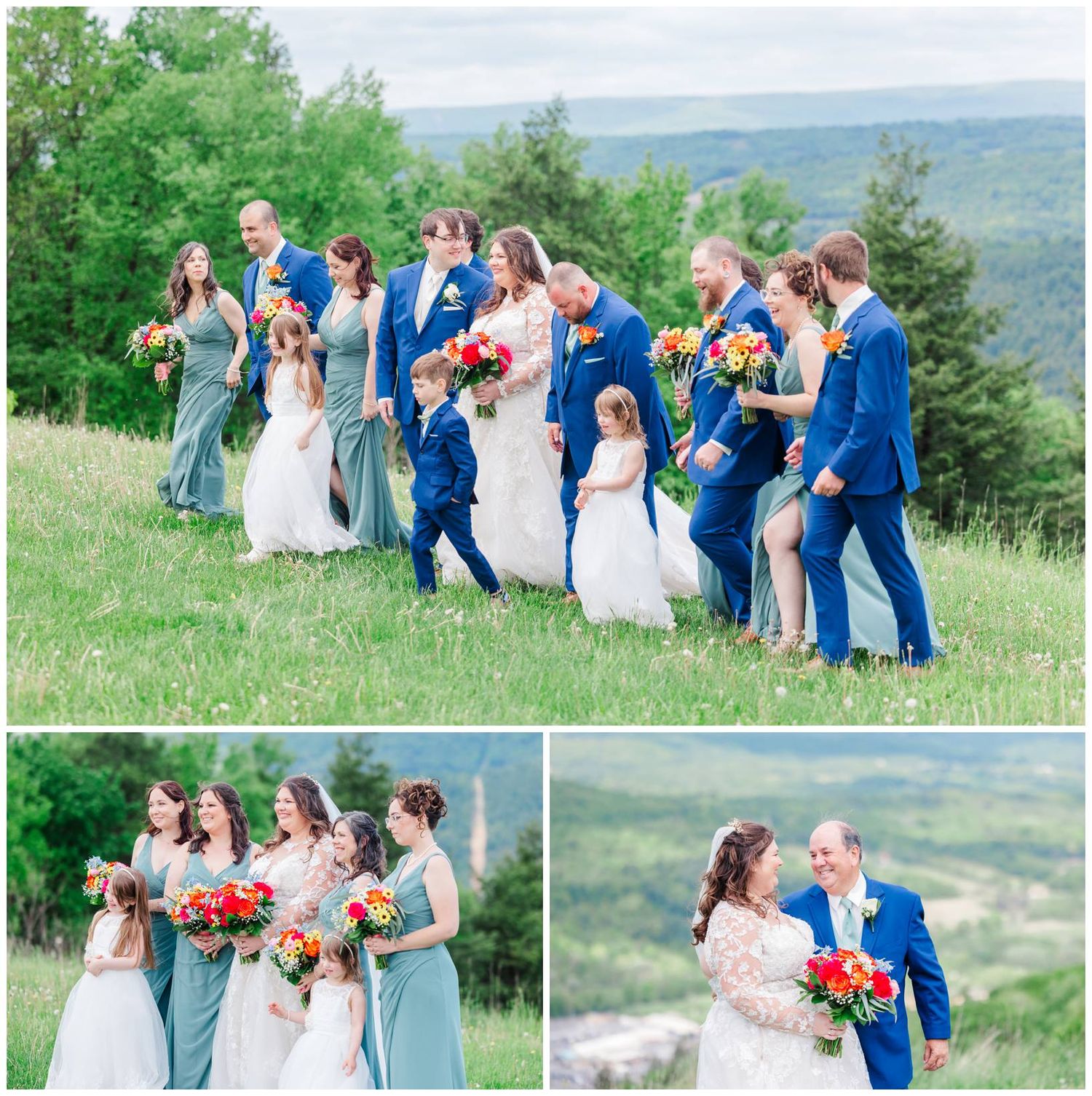 Wedding party in blue and gray attire poses together on a scenic hilltop overlooking rolling landscapes.