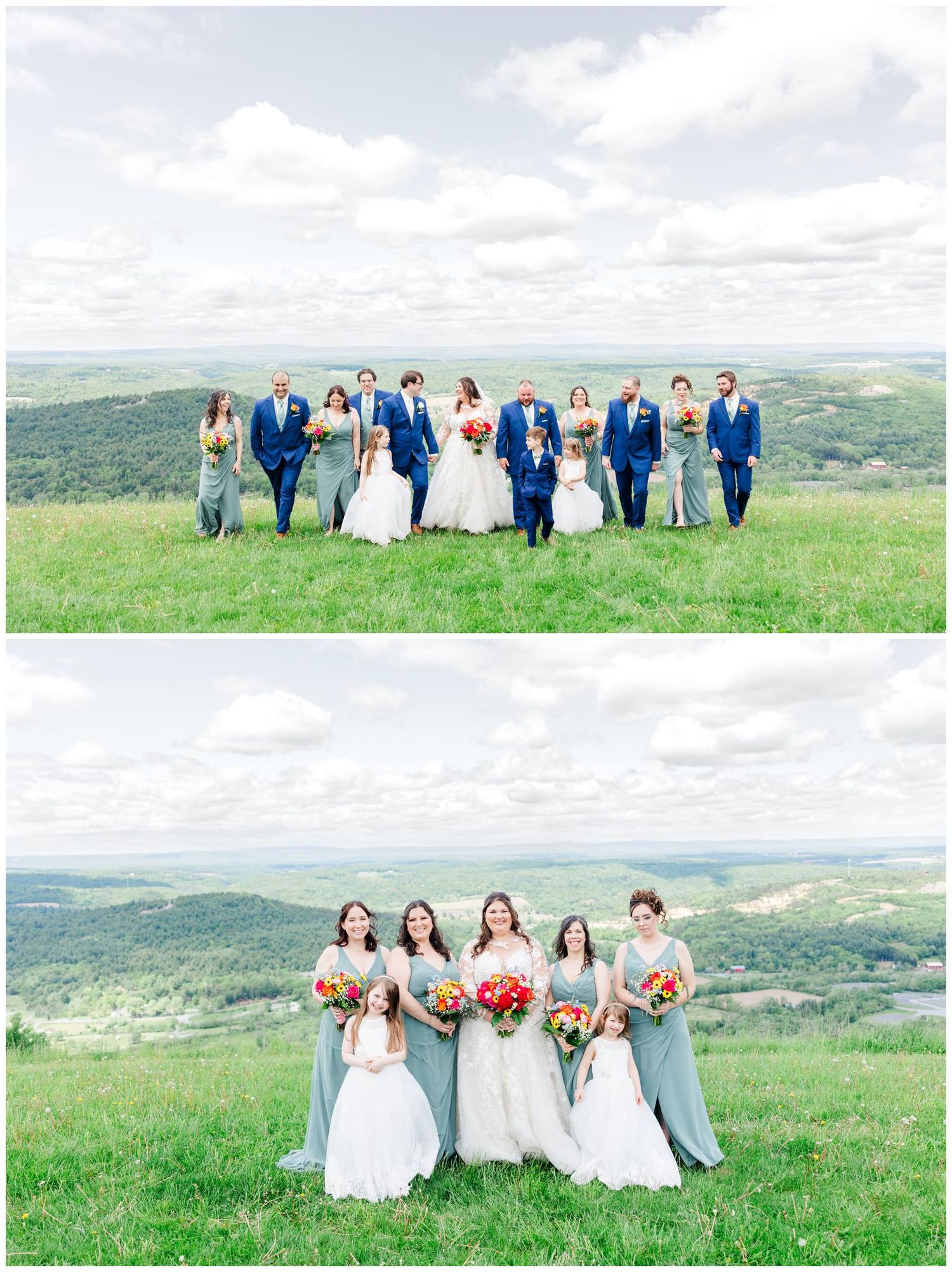Wedding party poses on scenic hilltop in blue attire with bridesmaids in pastel dresses carrying vibrant floral bouquets.