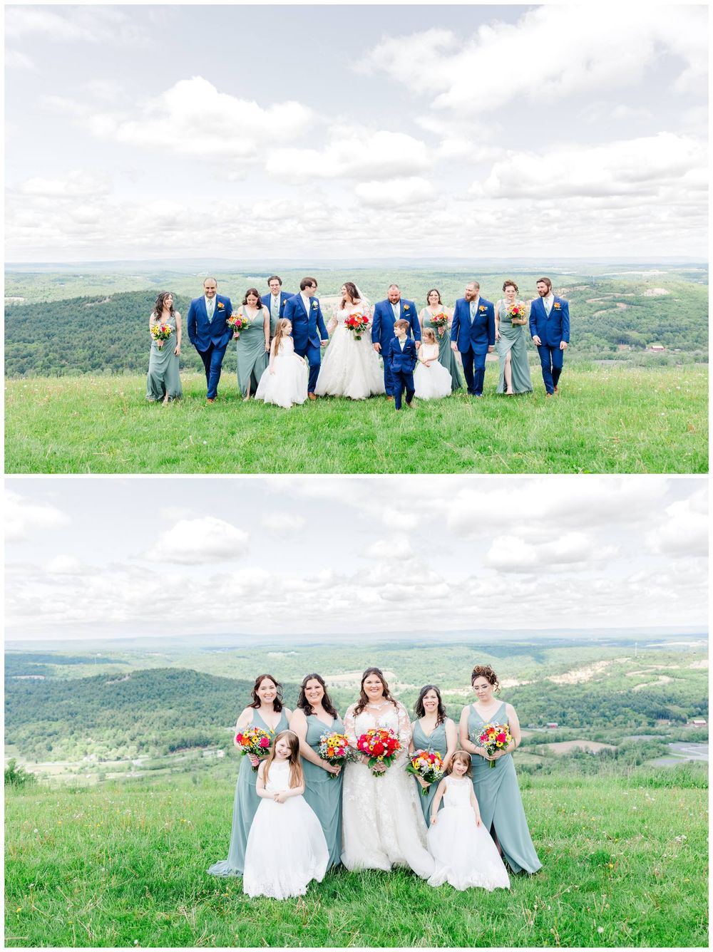 Wedding party poses on scenic hilltop in blue attire with bridesmaids in pastel dresses carrying vibrant floral bouquets.