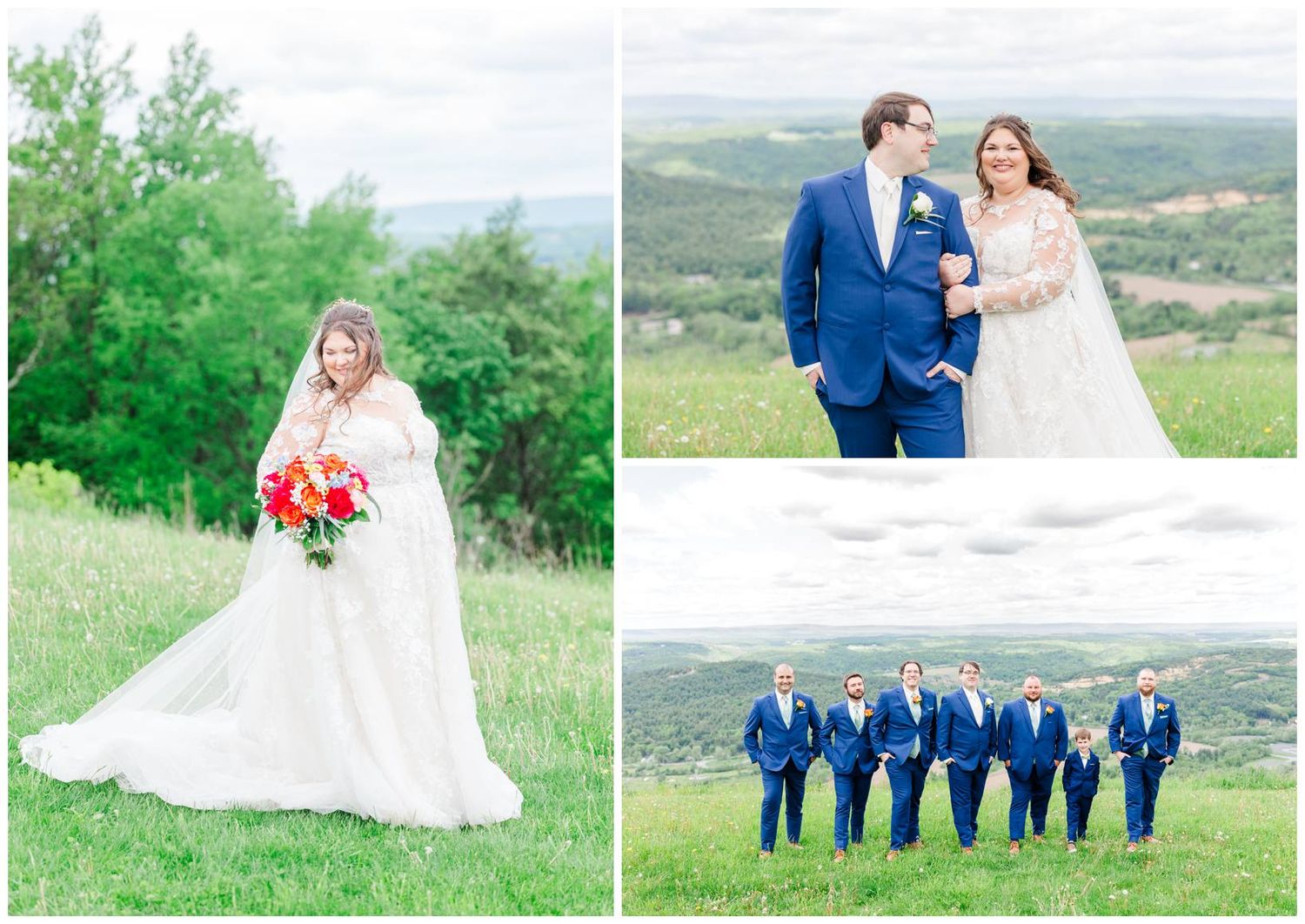 Wedding party members in vibrant blue suits and a white gown pose together on a scenic hilltop overlooking rolling countryside.