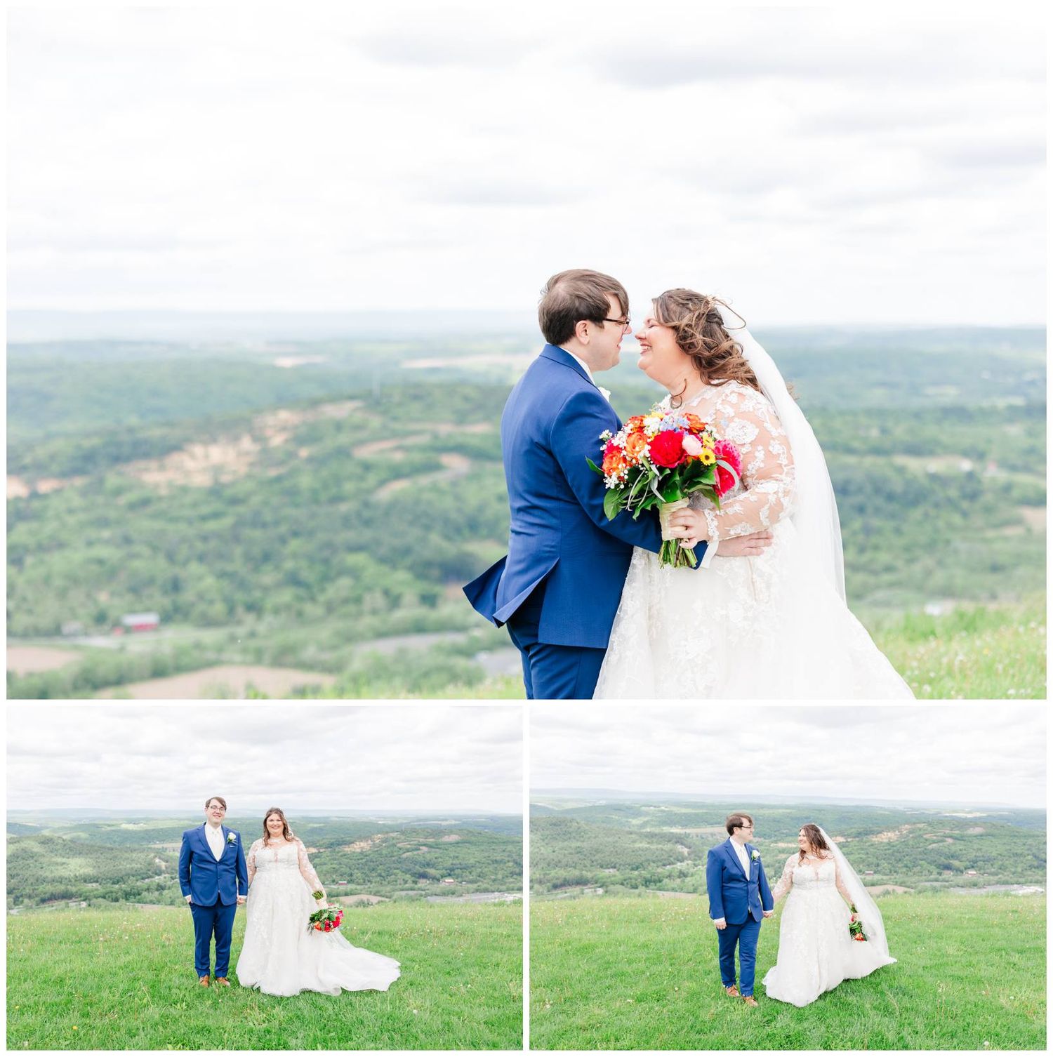 A couple in wedding attire share an intimate moment overlooking a vast green valley landscape on their special day.