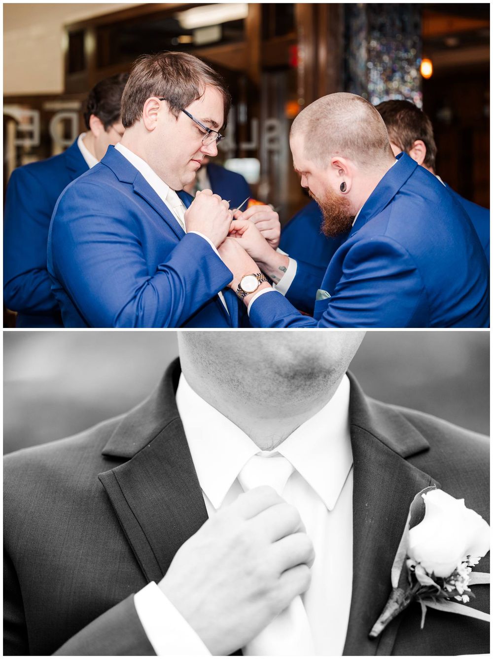 Two people in matching blue suits are engaged in an energetic arm wrestling match, plus a black and white adjusting tie photo.
