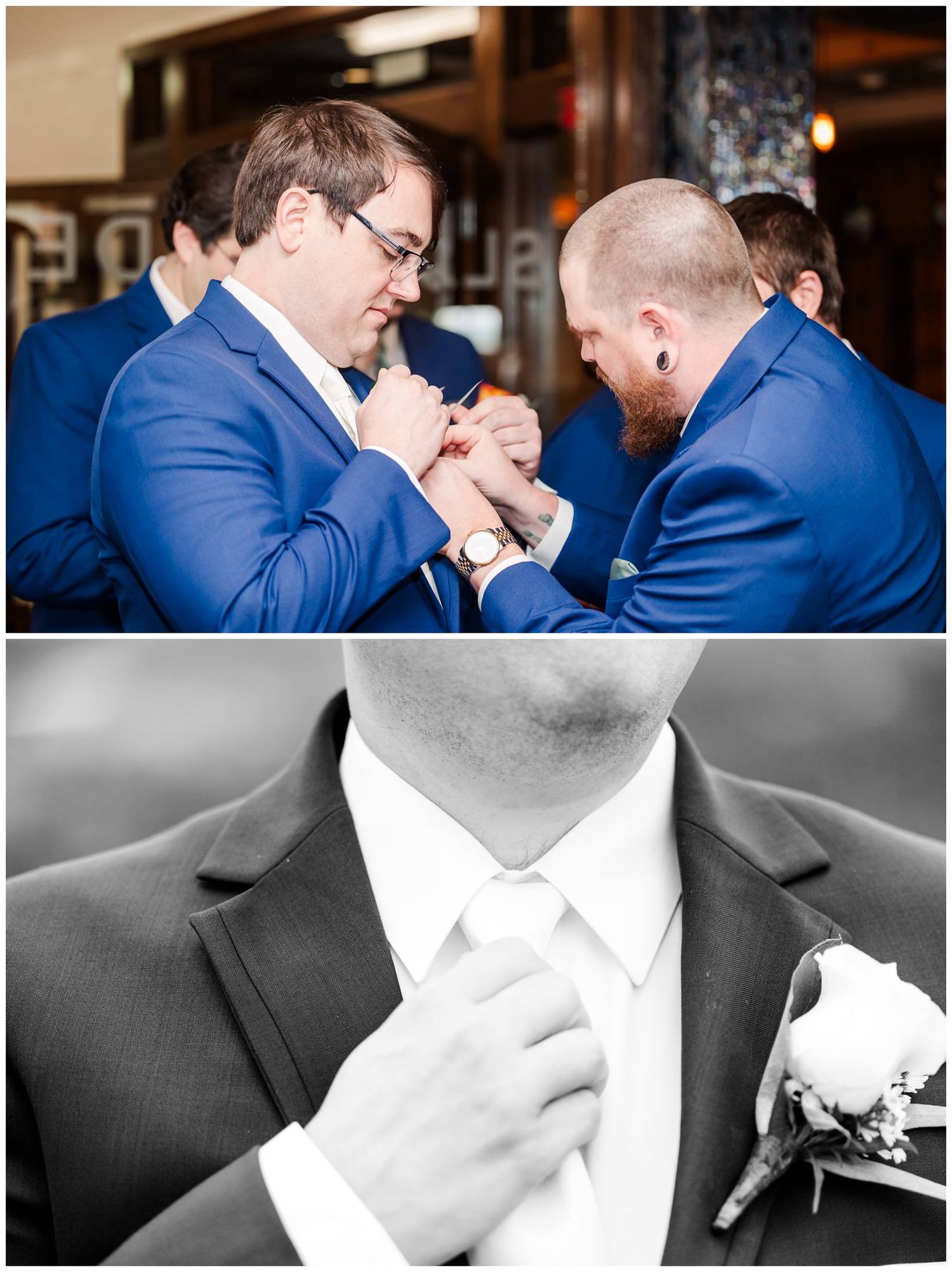 Two people in matching blue suits are engaged in an energetic arm wrestling match, plus a black and white adjusting tie photo.