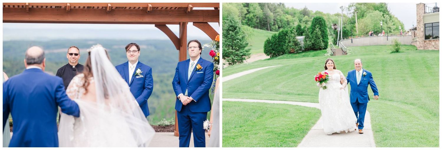 A bride and groom share joyful moments with loved ones during their outdoor garden wedding ceremony.