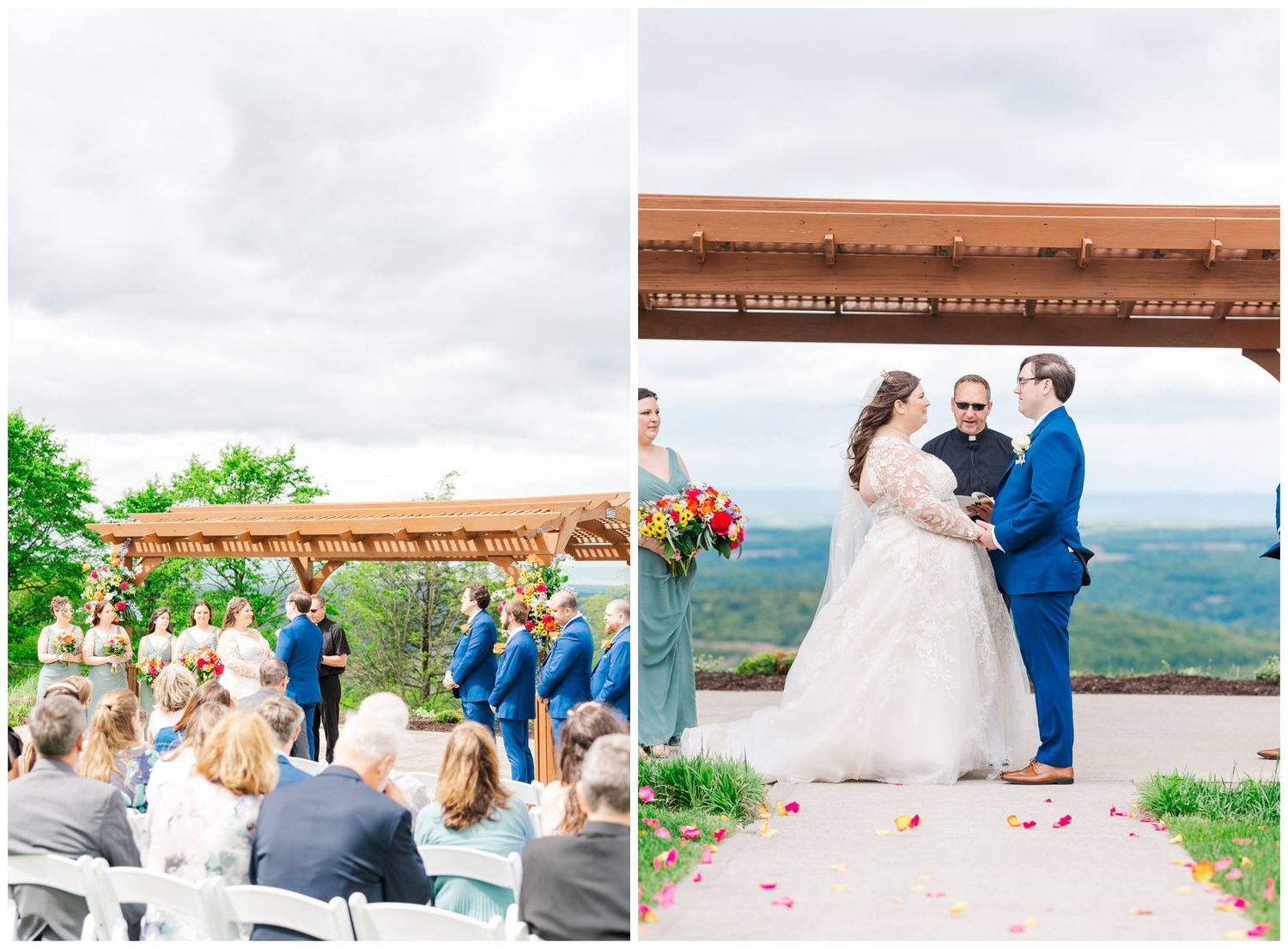 Wedding ceremony takes place under a wooden pergola with mountain views in the background.