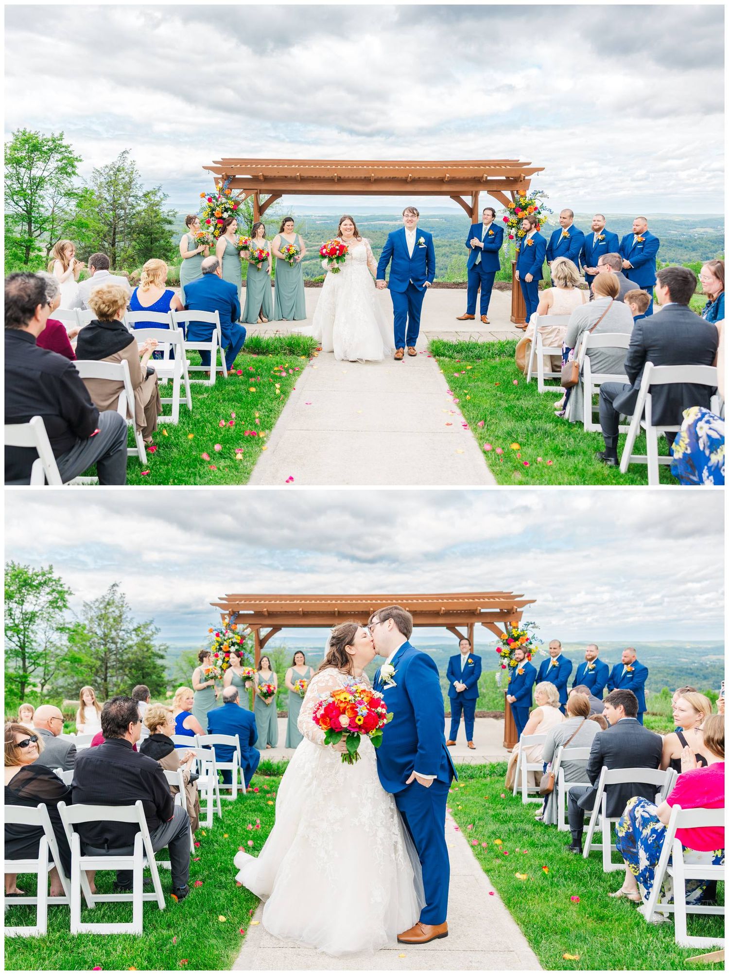 Outdoor wedding ceremony on a hilltop with attendants in royal blue and sage green under wooden pergola on a cloudy day.