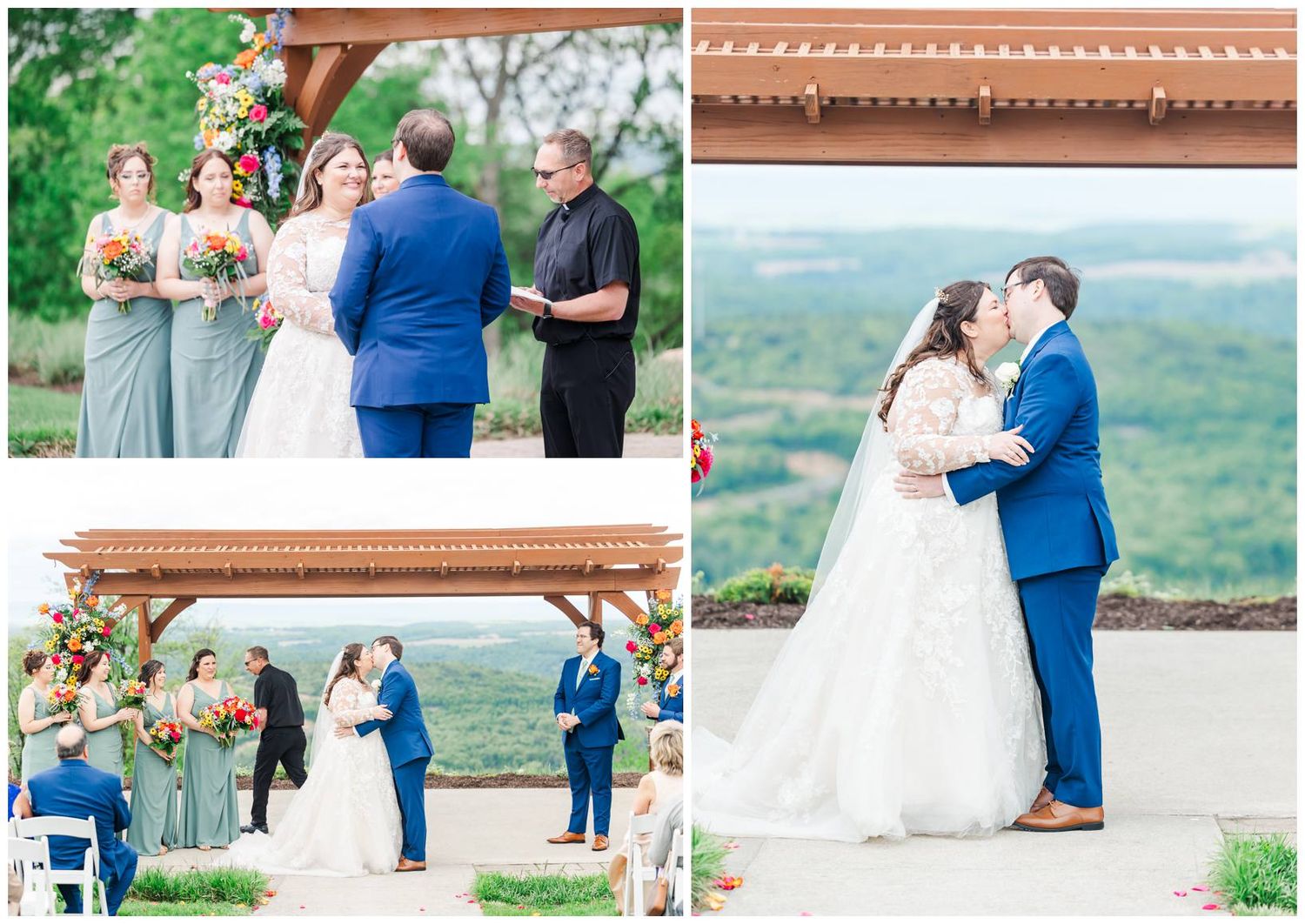 Mountain wedding ceremony with multiple photos showing scenic outdoor views and elegant decorations at the venue.