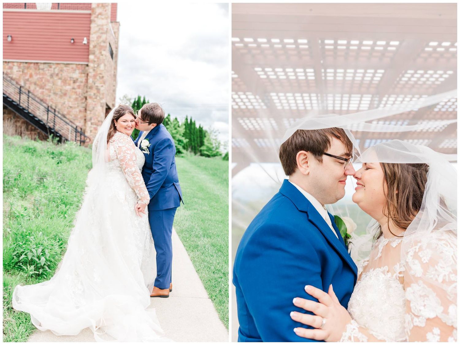 A couple in a blue suit and white lace wedding dress share tender kisses outdoors on their wedding day.