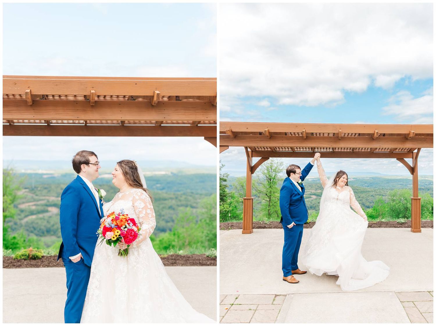 Couple sharing a romantic moment under a wooden pergola overlooking scenic mountain views on their wedding day.