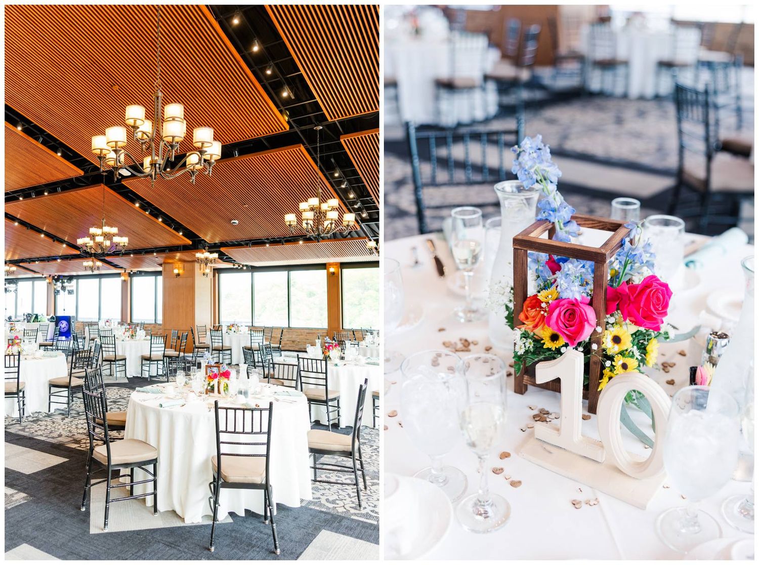 Elegant wedding venue reception hall with chandelier and table settings next to floral centerpiece arrangement in pink.