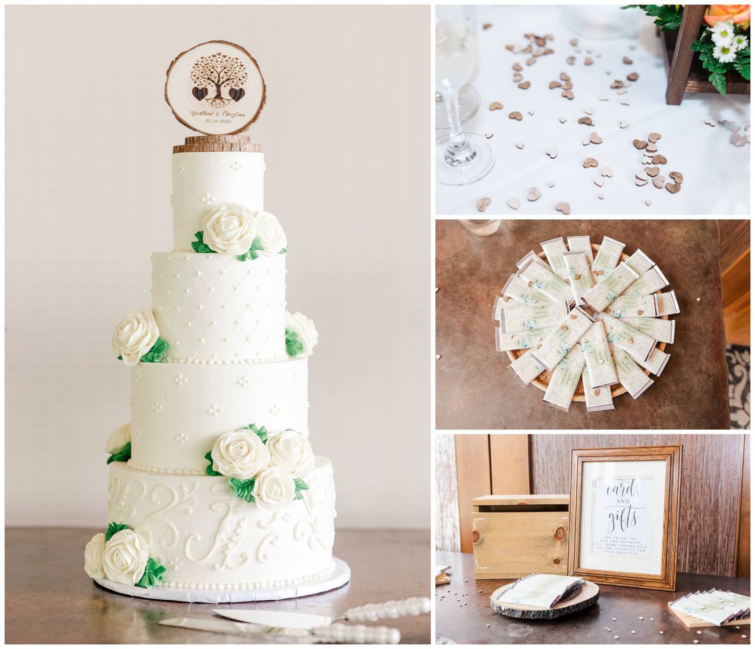 A four-tier white wedding cake with green floral accents and dessert table decor displays.