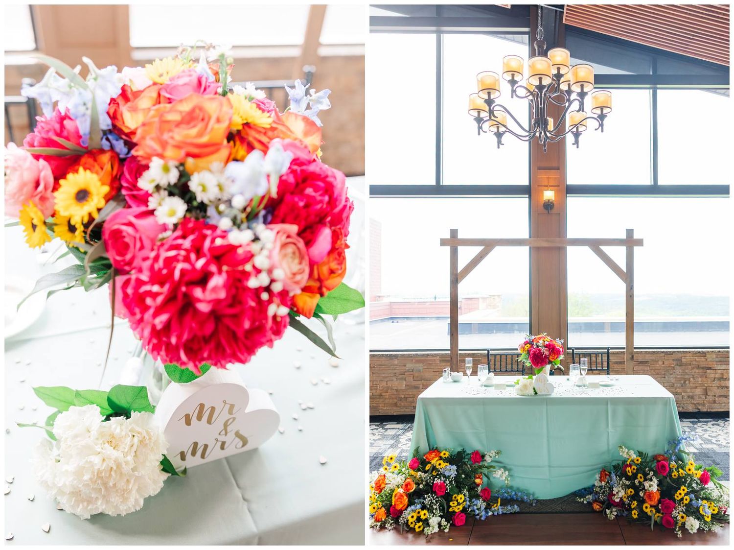 A bright floral arrangement in pink and orange sits on an end table beside an elegant altar setting with a mint tablecloth.