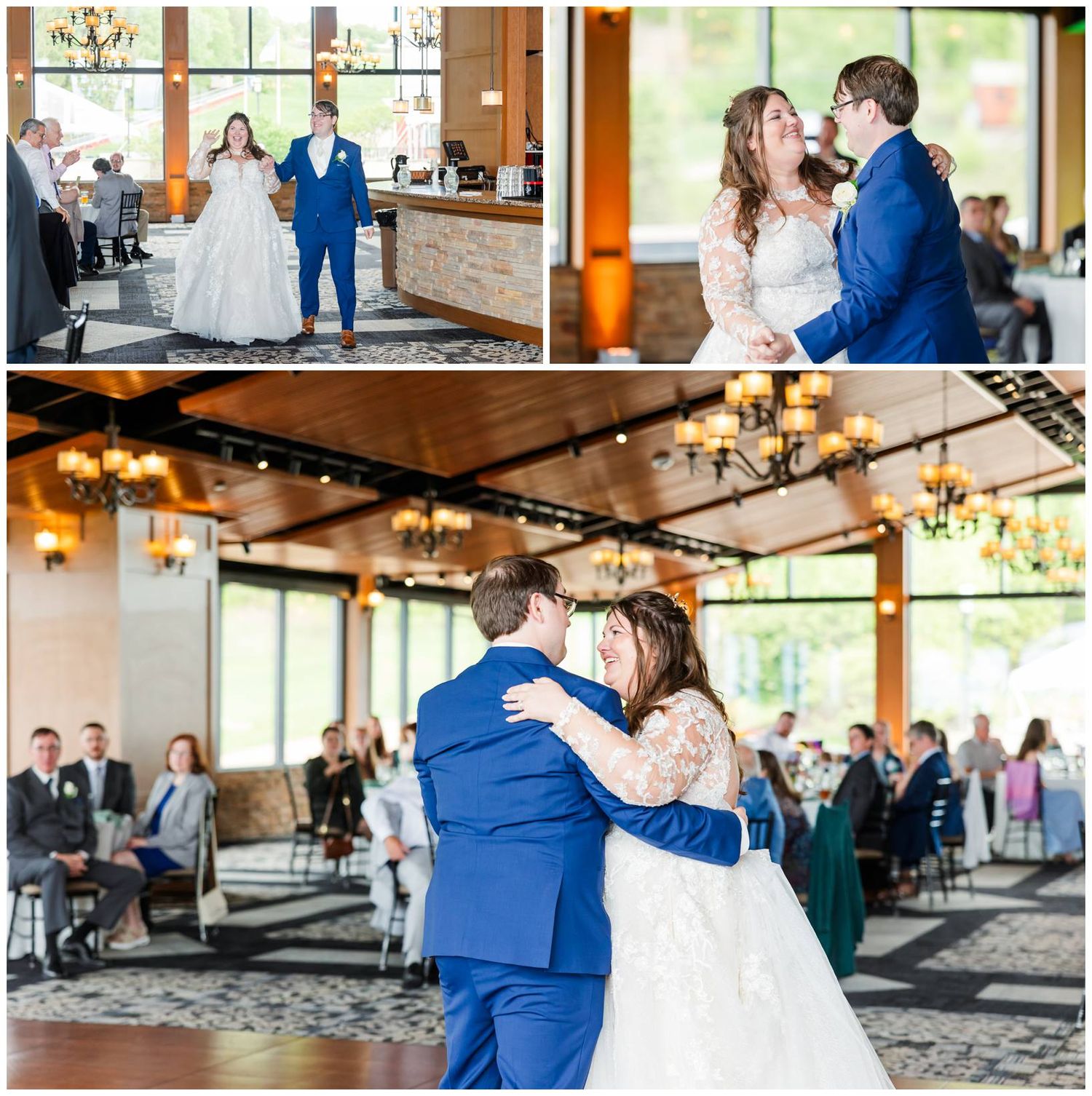 Elegant wedding couple in a royal blue suit and white lace gown share romantic dance moments in a grand ballroom venue.