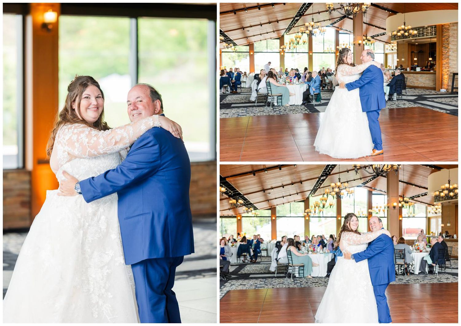 Couple shares an intimate first dance moment in a rustic wooden reception venue with natural lighting.