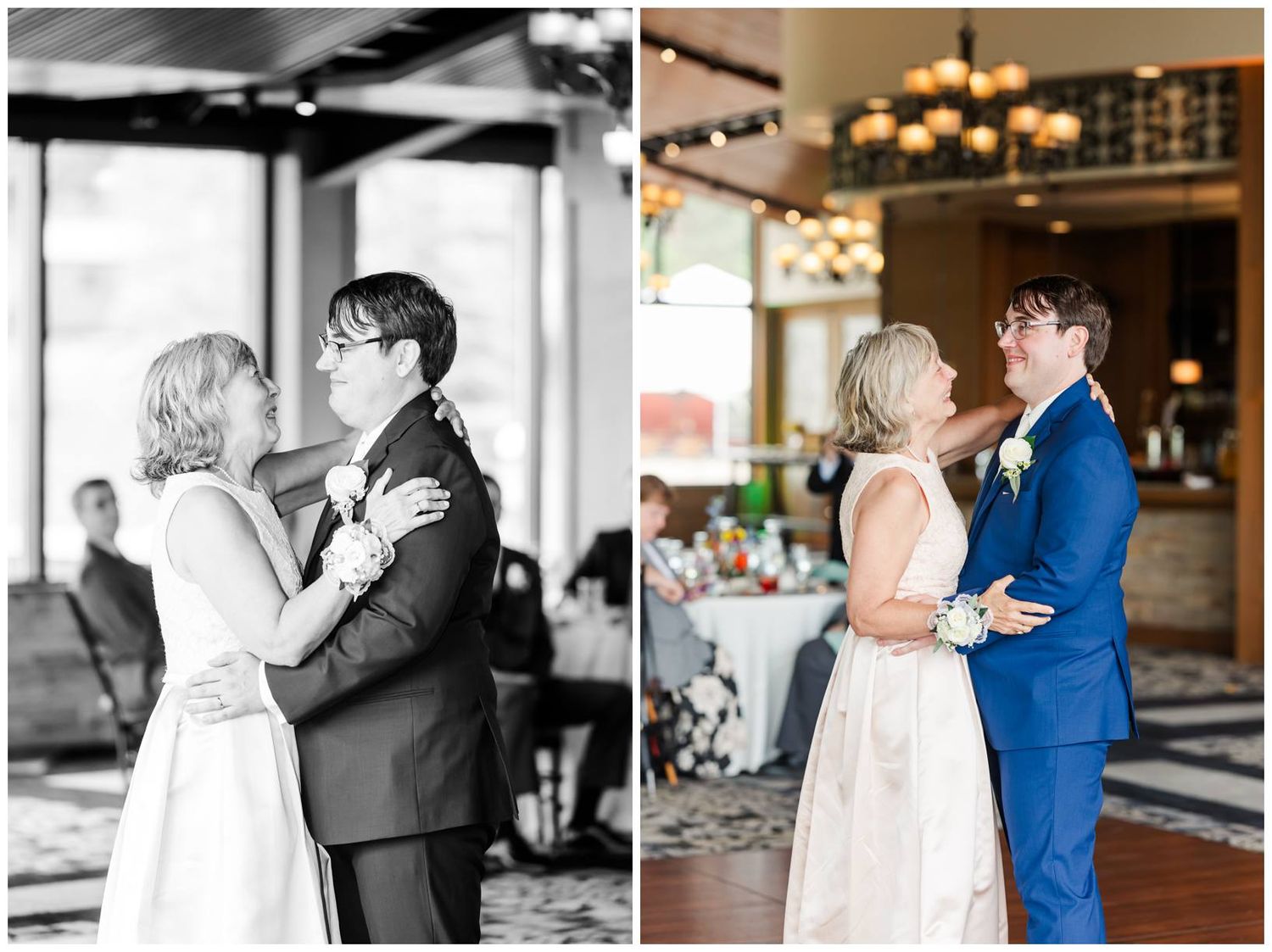 A couple shares a tender moment on the dance floor at their wedding celebration, shown in both color and black and white.