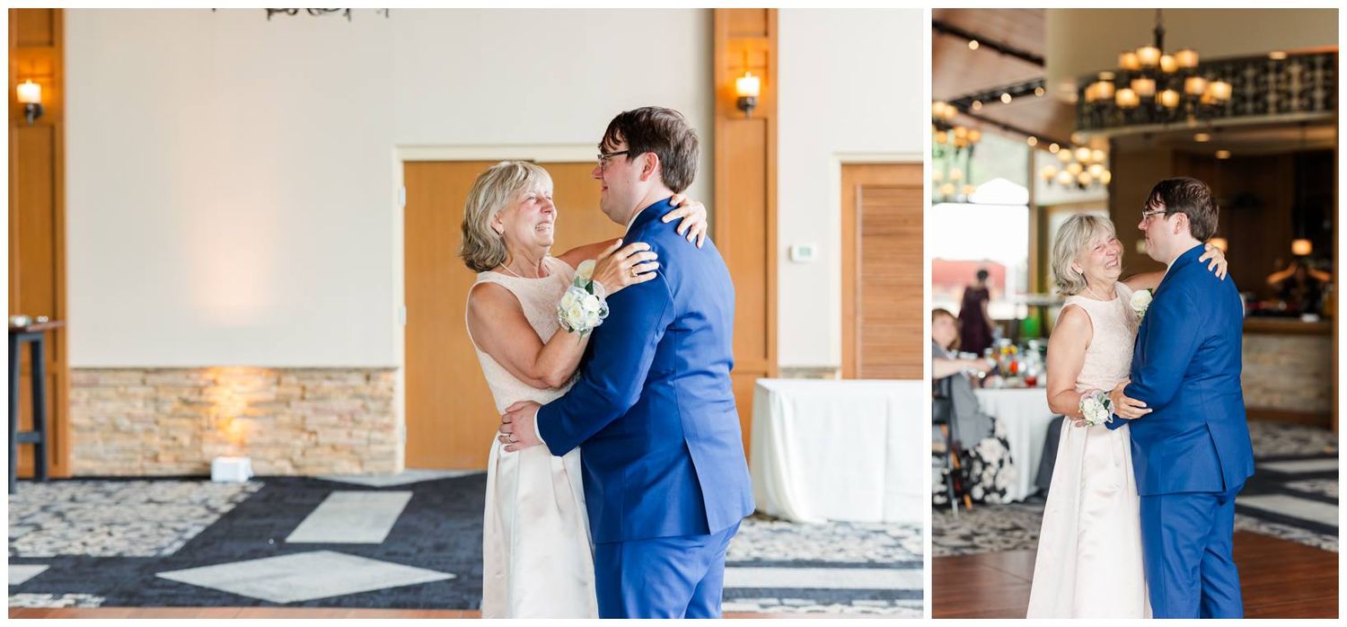 A bride and groom in blue and white attire share intimate moments at two different wedding venue locations.