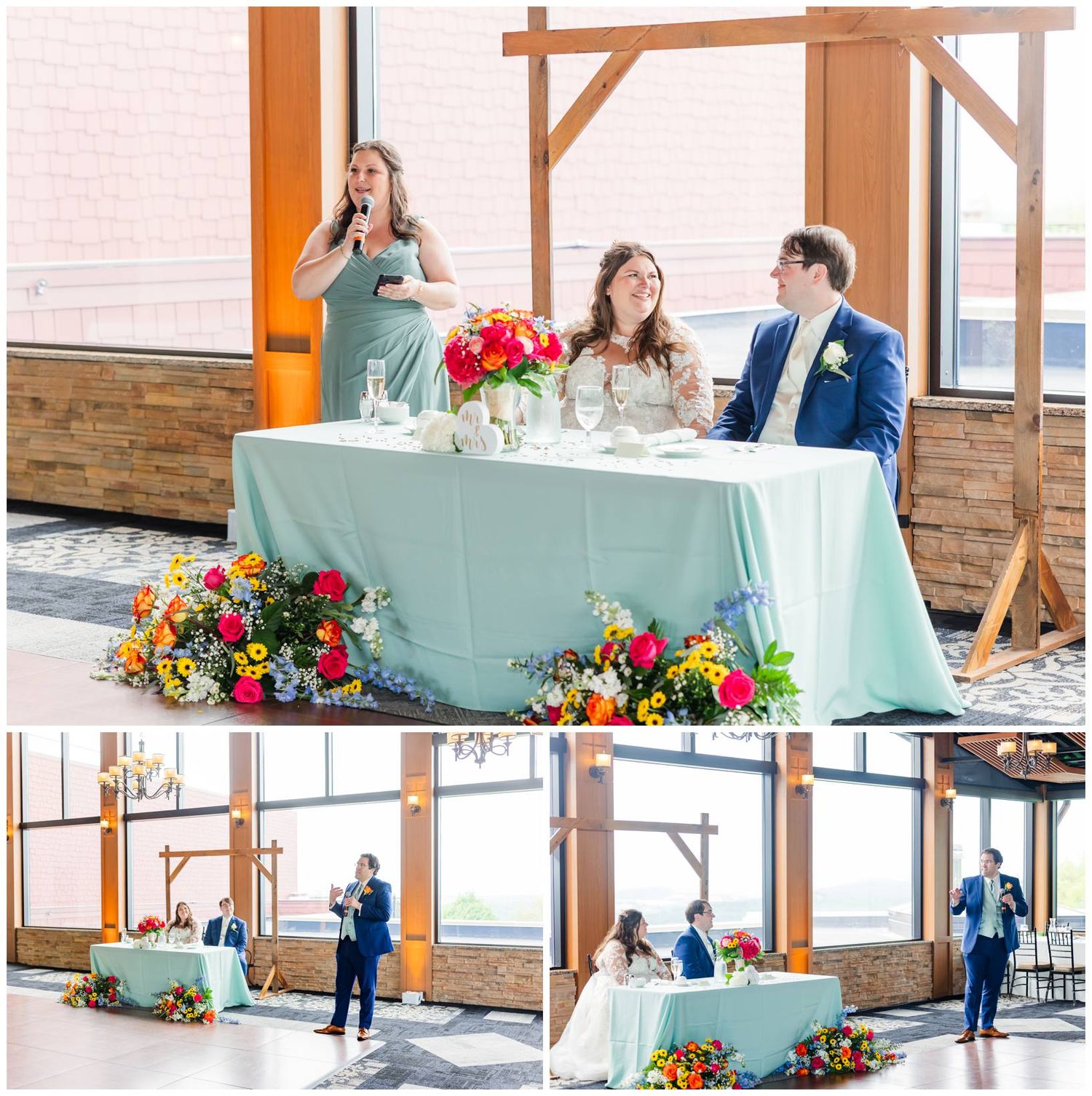 Wedding reception at rustic venue with mint green tablecloth and colorful floral arrangements during toasts and speeches.