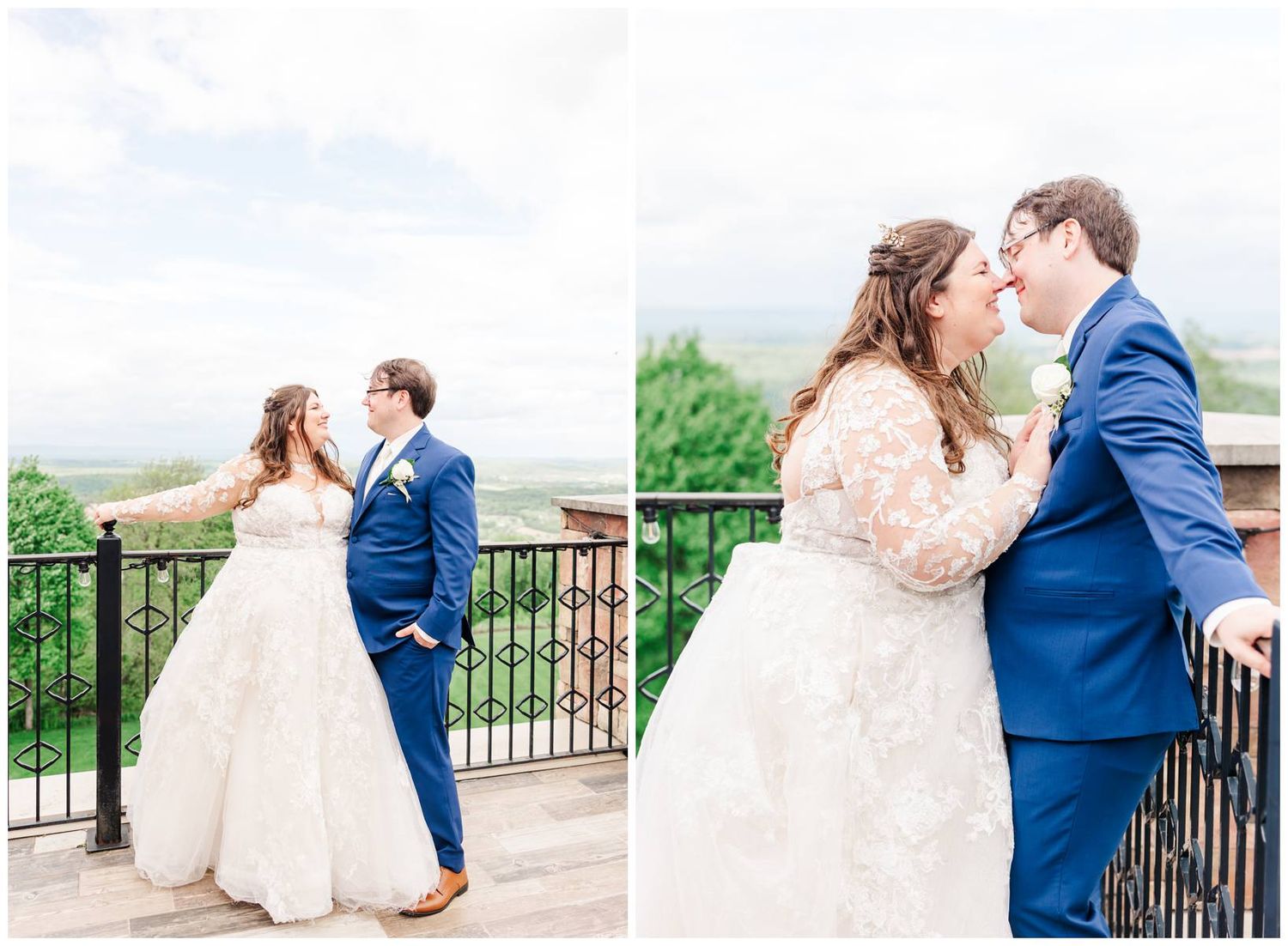 Romantic couple shares a tender moment on an outdoor balcony with scenic mountain views in the background.
