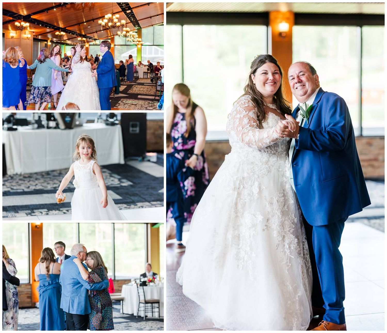 A collage of wedding reception moments with a dance floor and elegant decor in a venue with large windows.