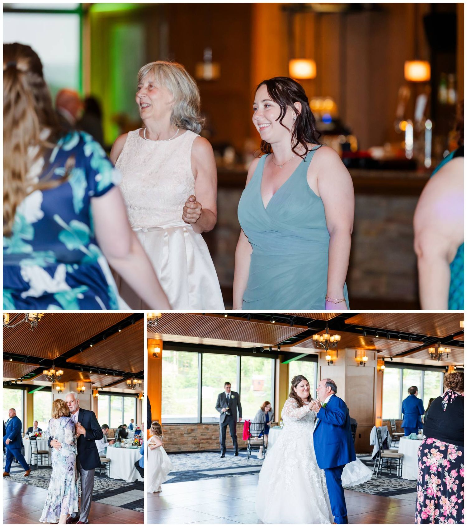 Candid moments from a joyful wedding celebration showing dancing and laughter in a rustic venue with warm lighting.