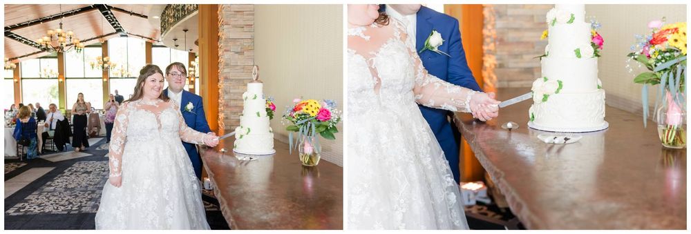 A newlywed couple shares their first dance and cuts their wedding cake at an elegant rustic-style reception venue.