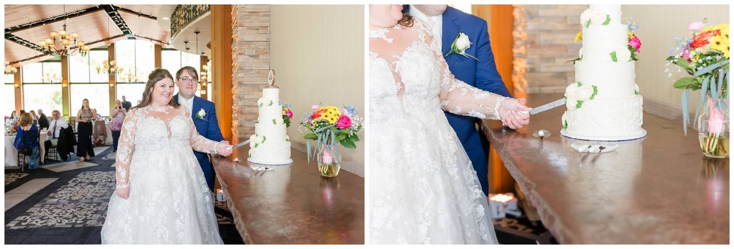 A newlywed couple shares their first dance and cuts their wedding cake at an elegant rustic-style reception venue.