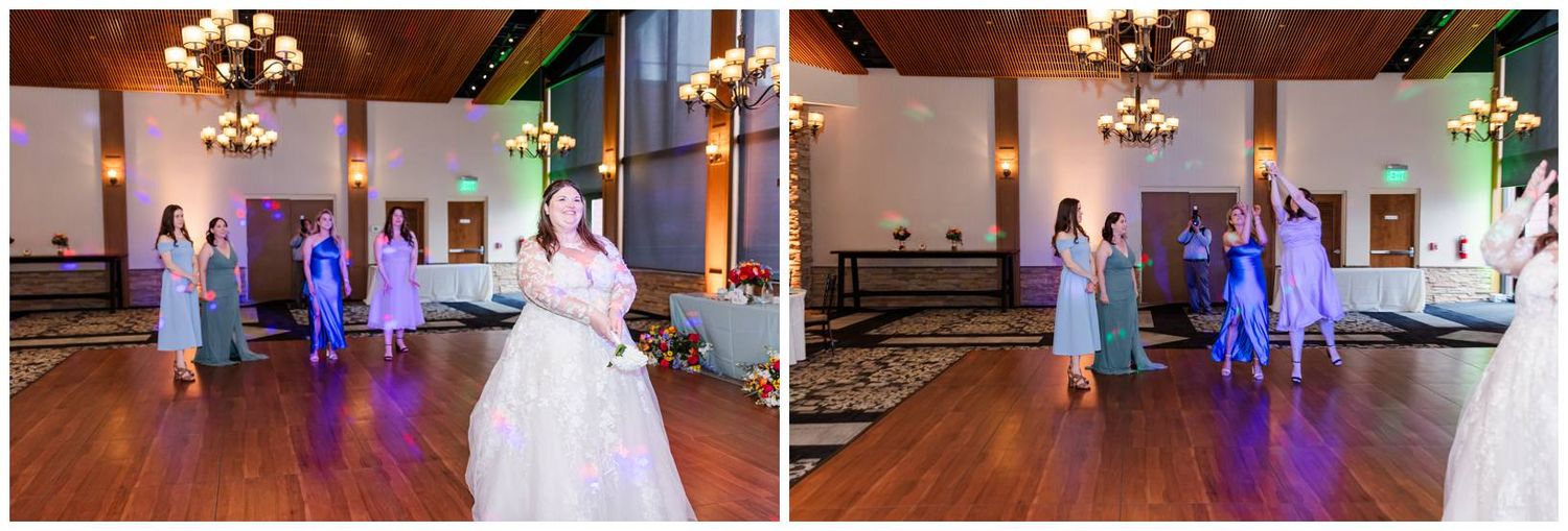 Wedding party performs dancing and twirling in elegant venue with chandeliers and wooden ballroom floor.