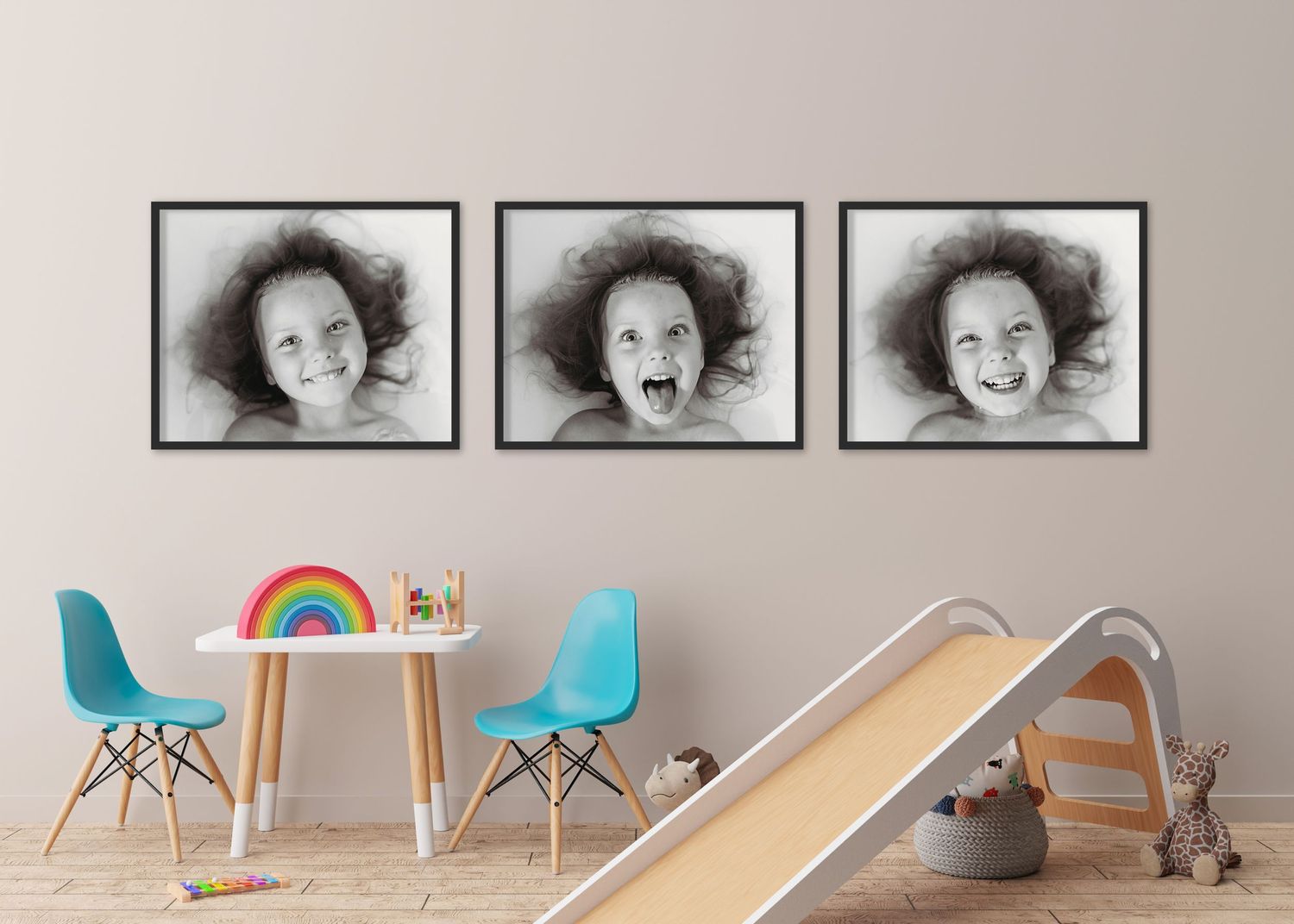 Kids room with triptych black and white artwork of a little girl displayed showing off her fun unique sparkle in personality portrait photos
