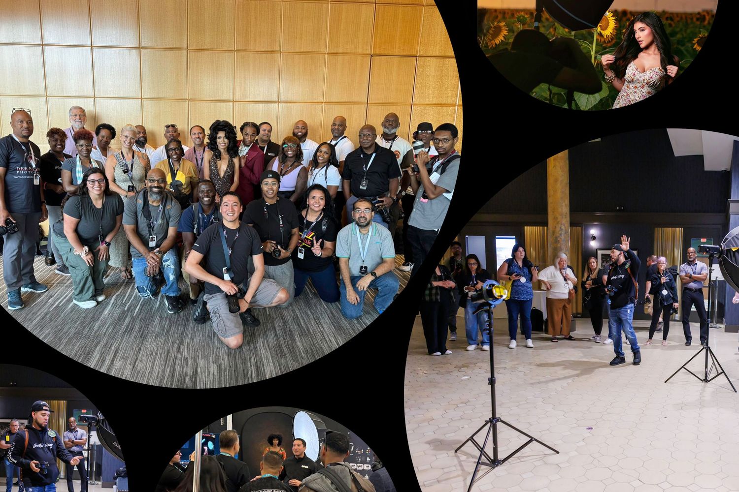 Photographers and models gather at a photo shoot event with studio lighting and equipment setup in an indoor space.