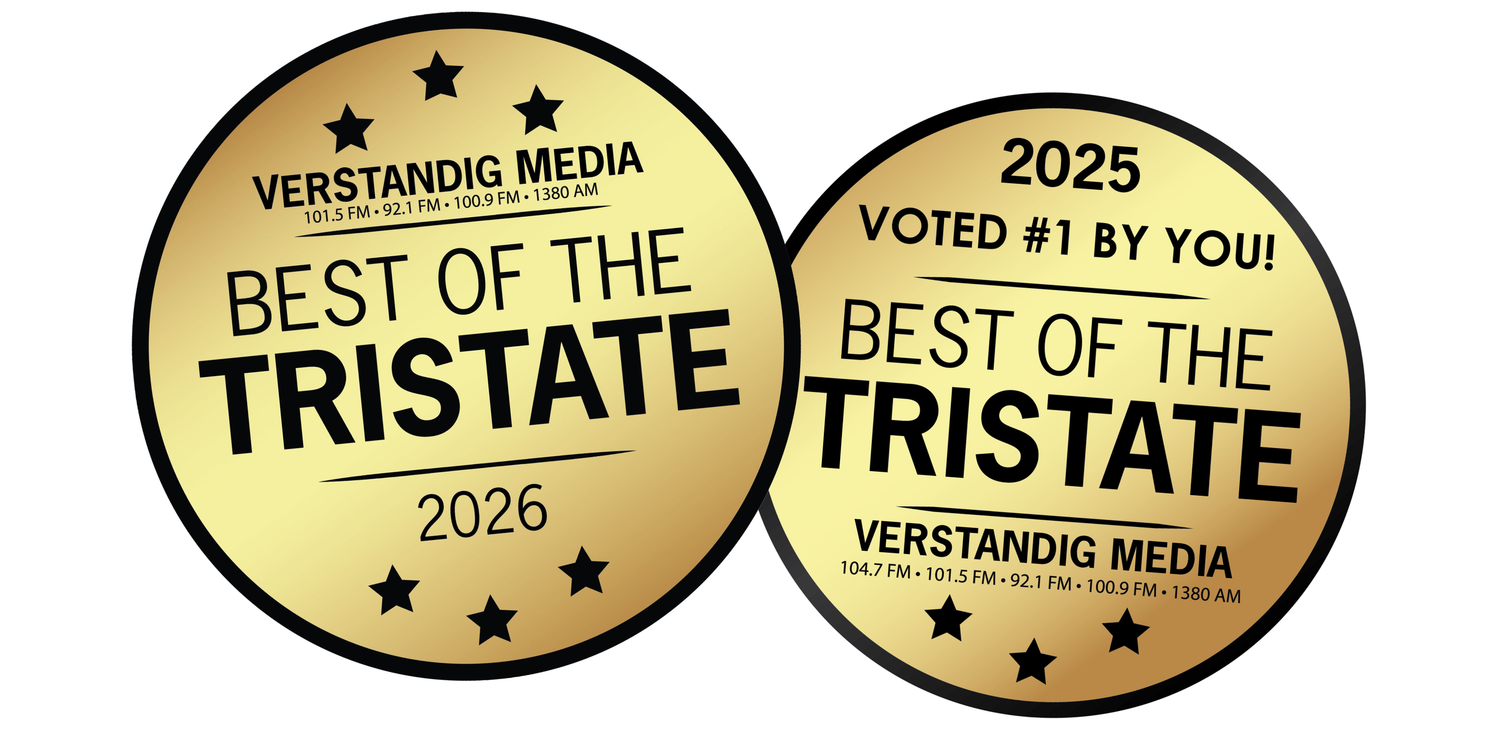 A gold circular badge displaying 2 logos for 'Best of the Tristate' with three stars and Verstandig Media frequencies.