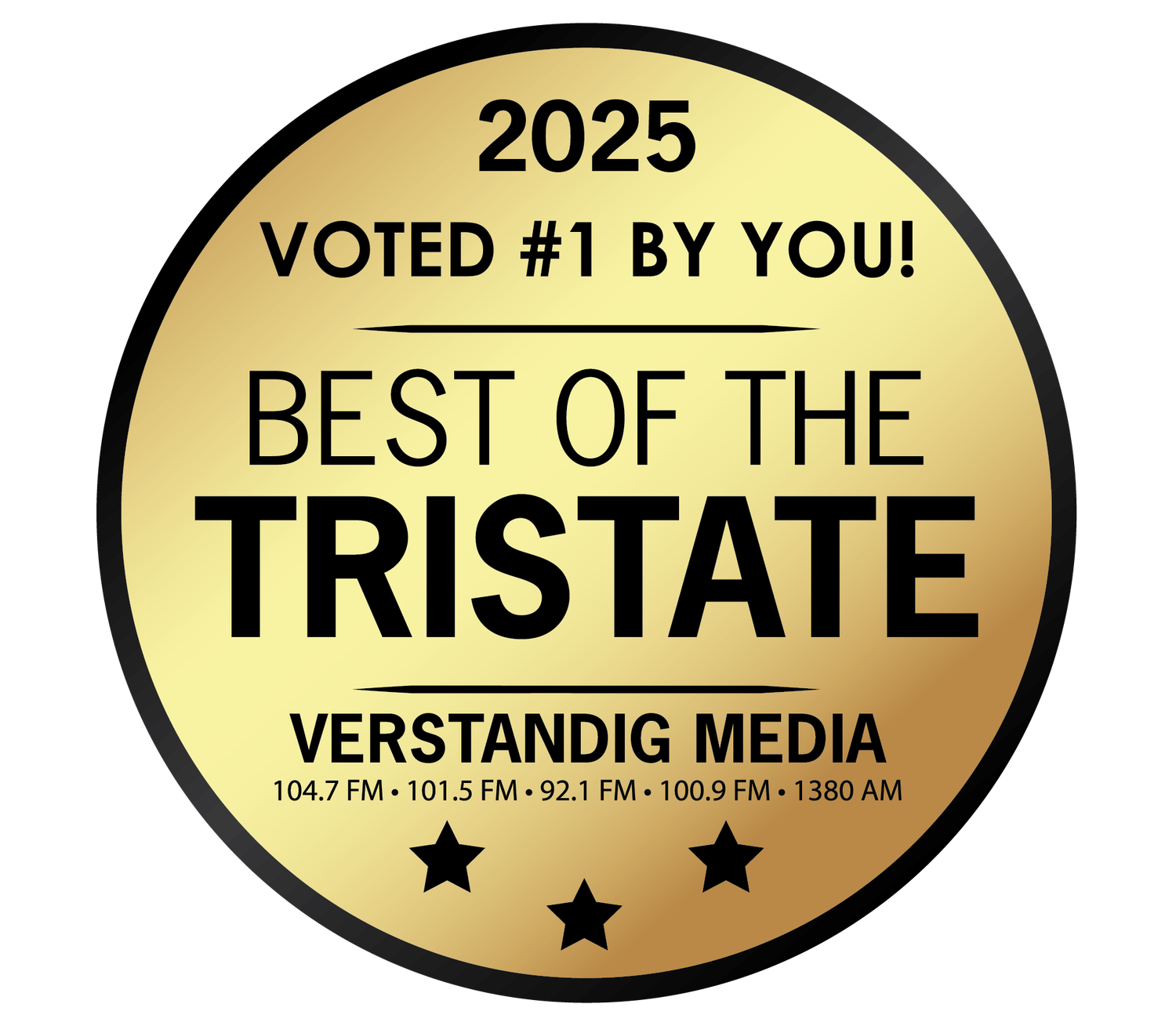 A gold circular badge displaying 'Best of the Tristate 2025' with three stars and Verstandig Media frequencies.