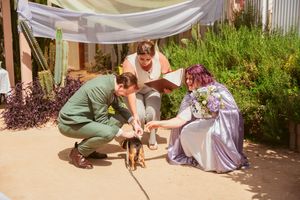 Wedding couple and officiant with a small dog during a sunny outdoor ceremony in a garden.
