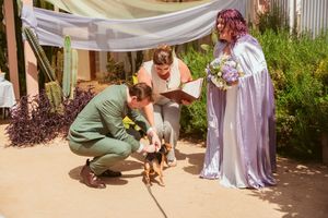 A dog is petted during an outdoor wedding ceremony while attendees gather around.