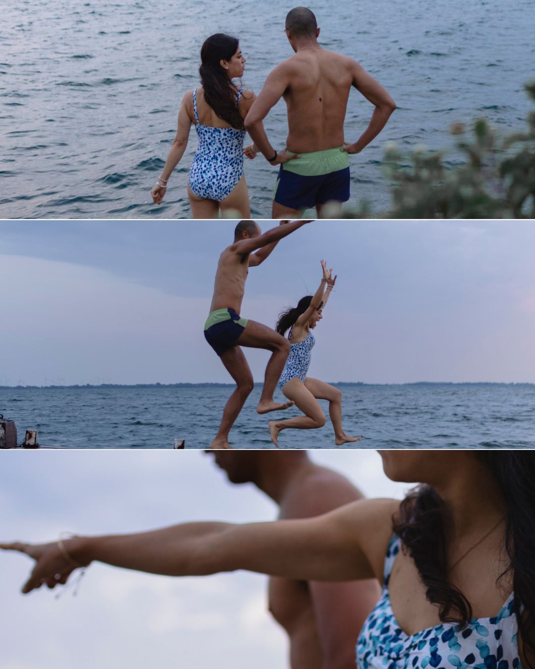 Couple swimming together in a lake at dusk, captured in an unposed, cinematic storytelling session. run and jump off dock.