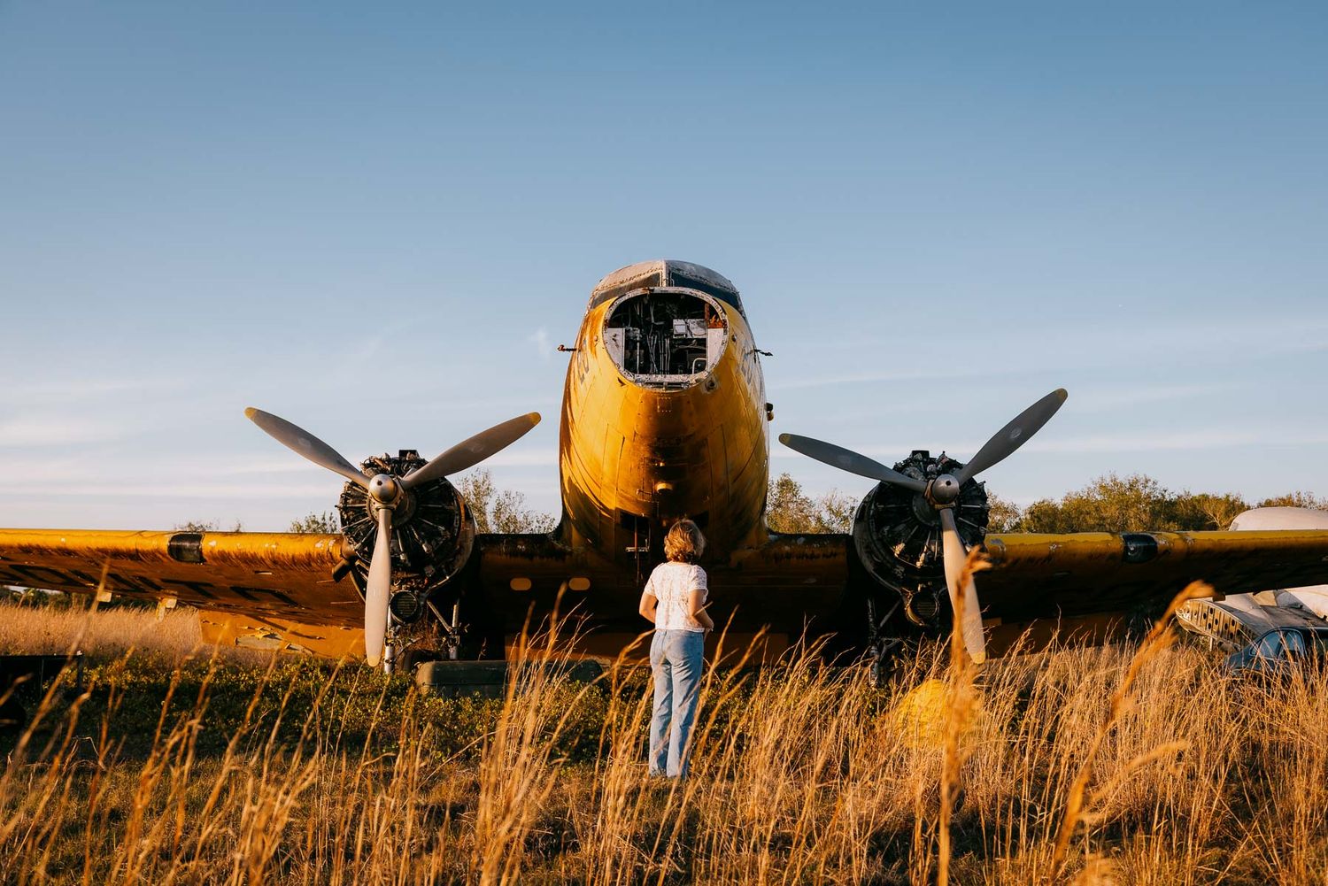 A portrait of a girl looking at an old abandoned and rusted cargo plane left behind in a field of tall grass during golden hour.