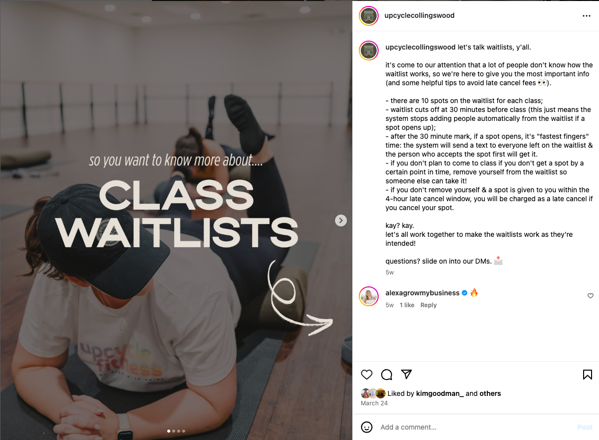 Screenshot of an Instagram post about class waitlists showing a dance studio interior with text overlay.
