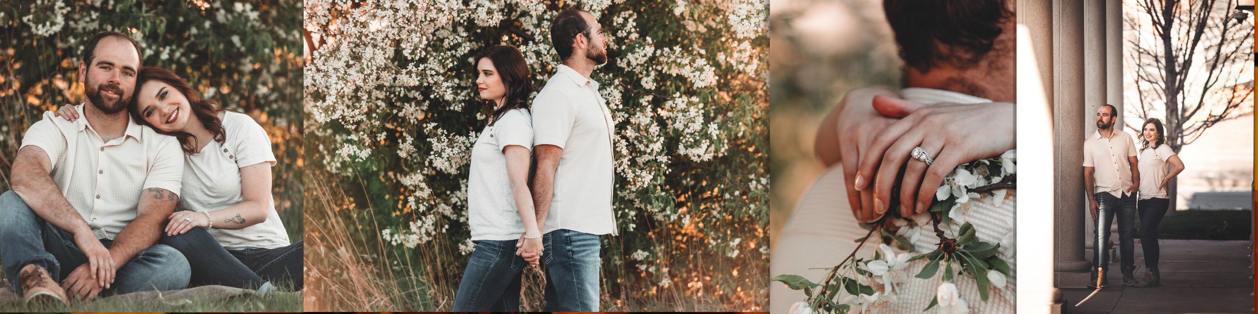 A collage of romantic autumn photography sessions showing couples embracing outdoors in warm, natural lighting.