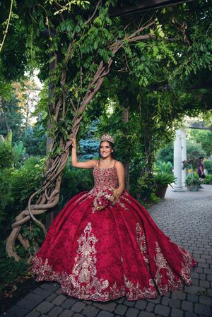 Elegant burgundy quinceañera gown with gold embroidery photographed in a lush garden setting.