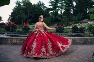 Dramatic red and gold formal dress showcased in an outdoor garden setting with evergreen trees.