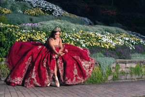 A flowing red ballgown contrasts against yellow and white flowers in a garden landscape.