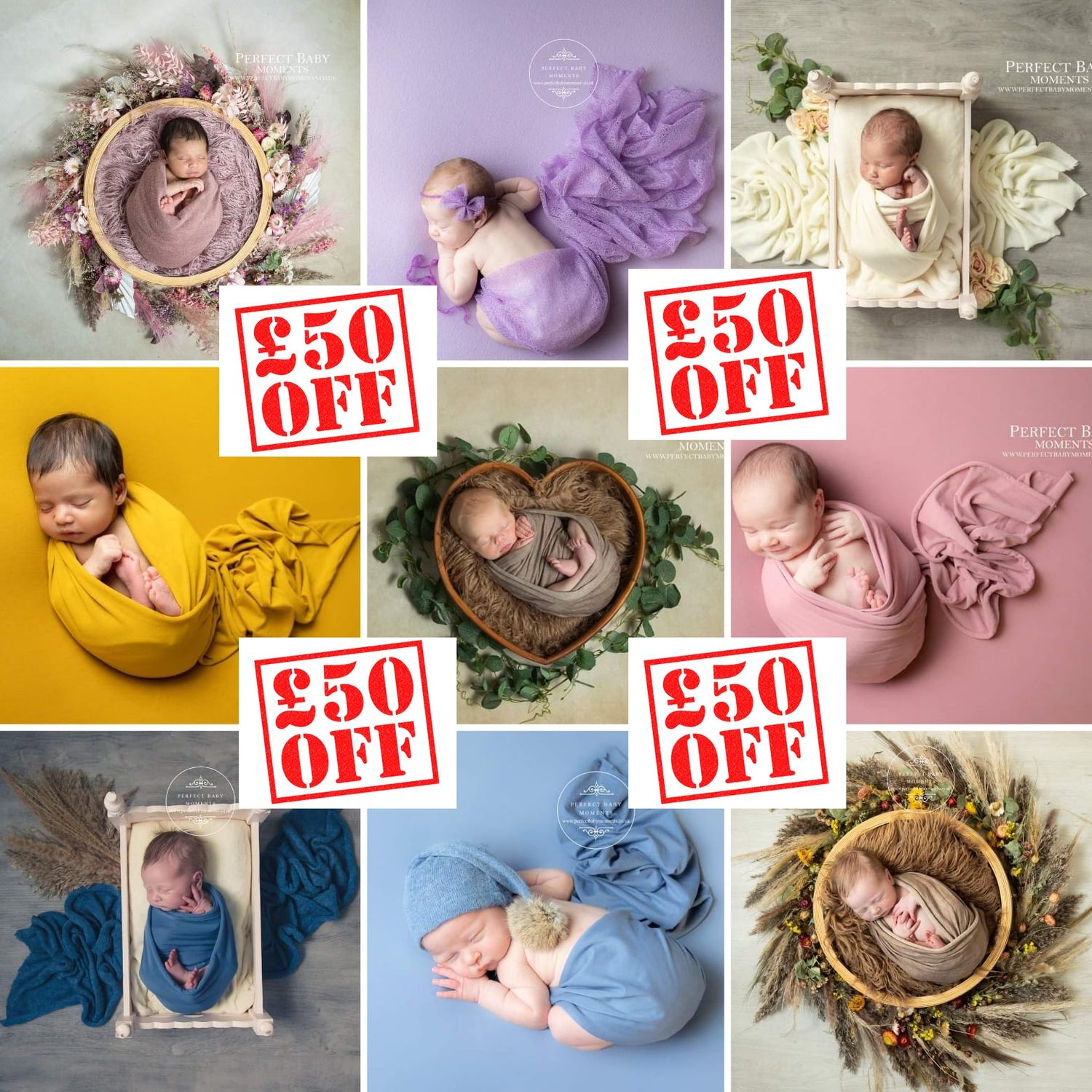 Spring photography promotion banner with floral borders, butterflies and £50 off discount offer for newborn and family sessions.