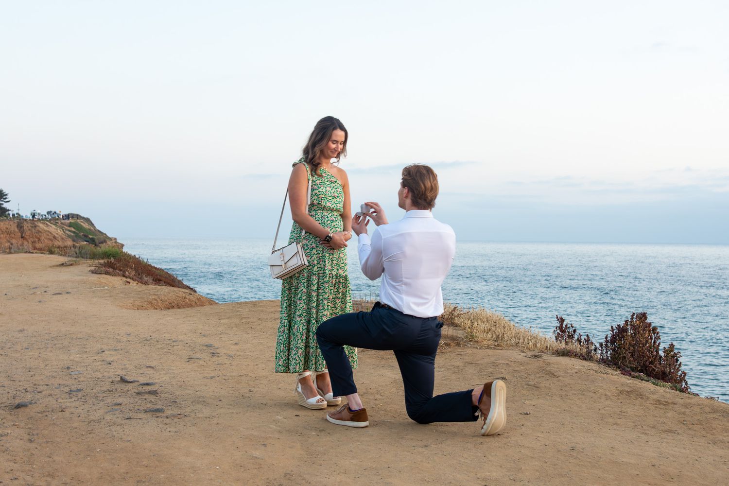 Surprise marriage proposal at Sunset Cliffs in San Diego, featuring a man on one knee proposing to a woman overlooking the ocean.