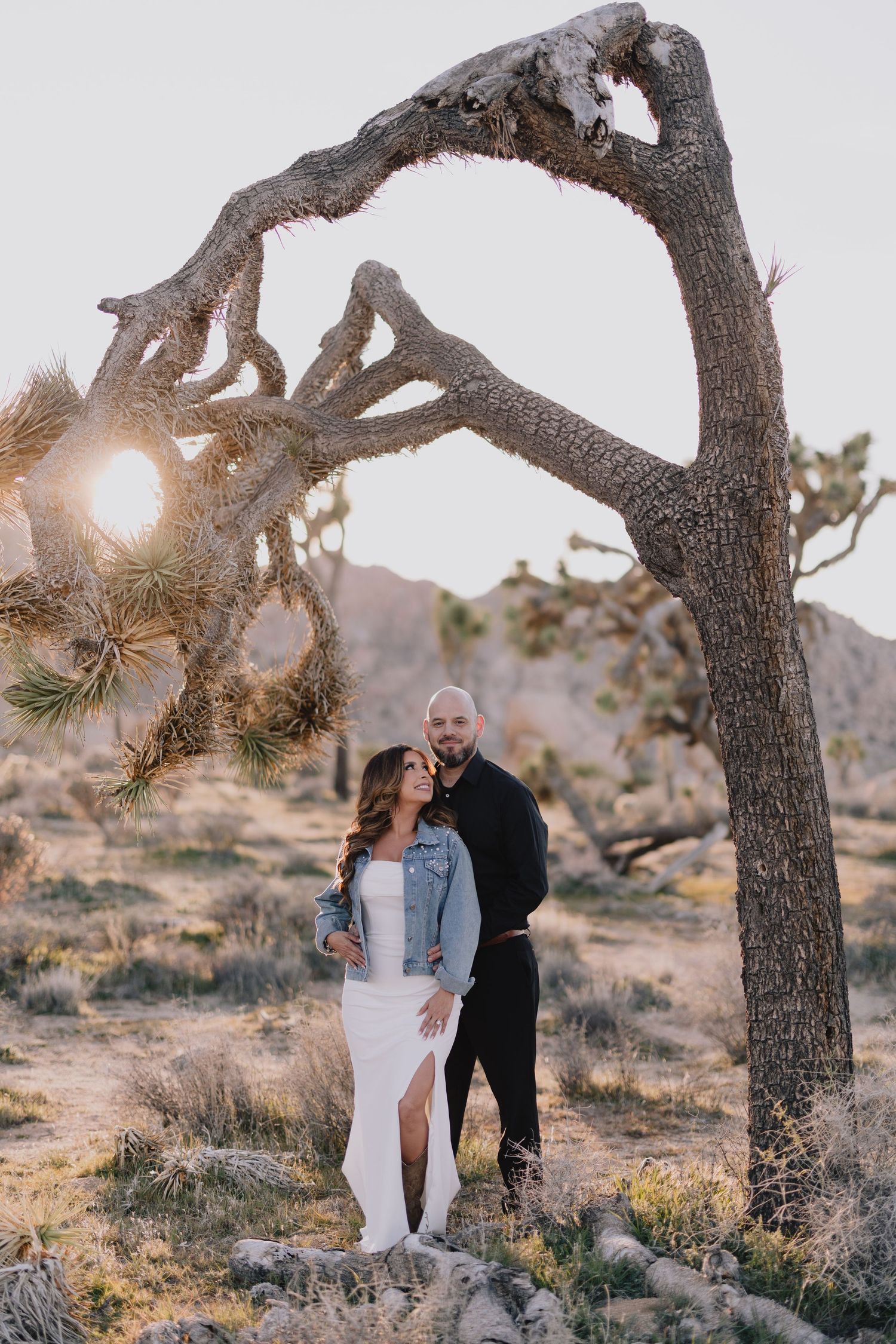 Couple embracing under a curved Joshua tree at golden hour in a desert landscape, woman in white dress and denim jacket.