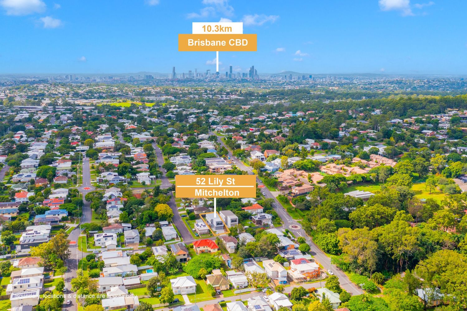 Aerial view of Brisbane suburb showing a highlighted property on Lily St, approximately 10.16km from Brisbane CBD.