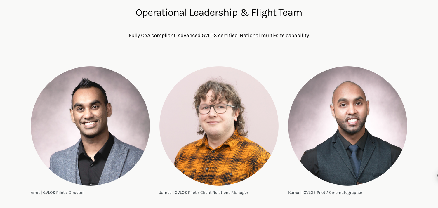 Three professional operational leadership and flight team members posing in formal attire against a white background.