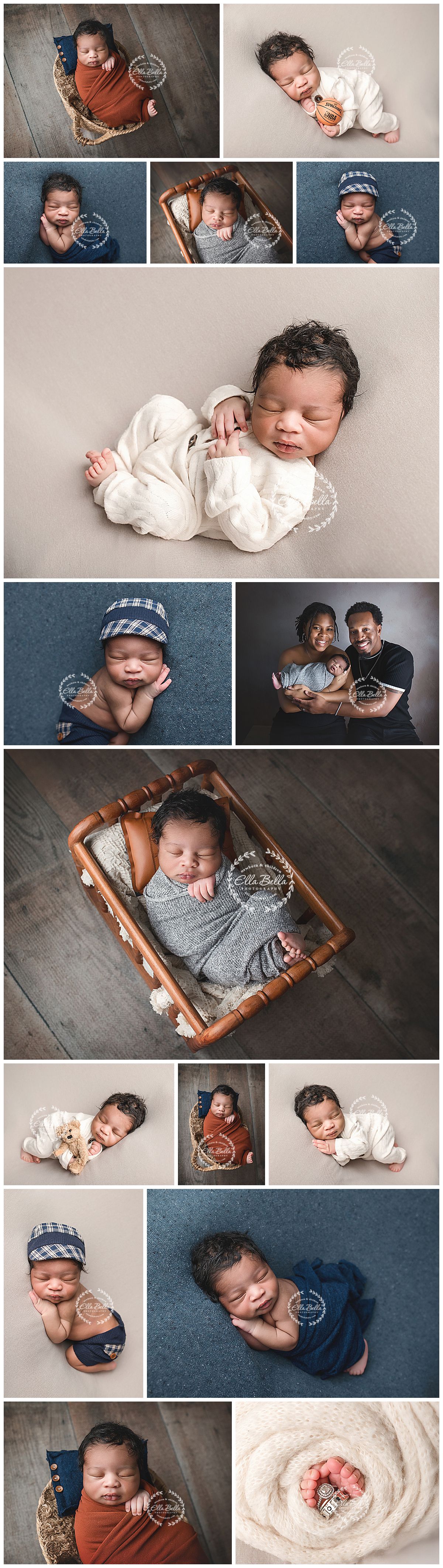 Professional newborn photography collage featuring cozy poses on soft blankets and wooden props in neutral tones.